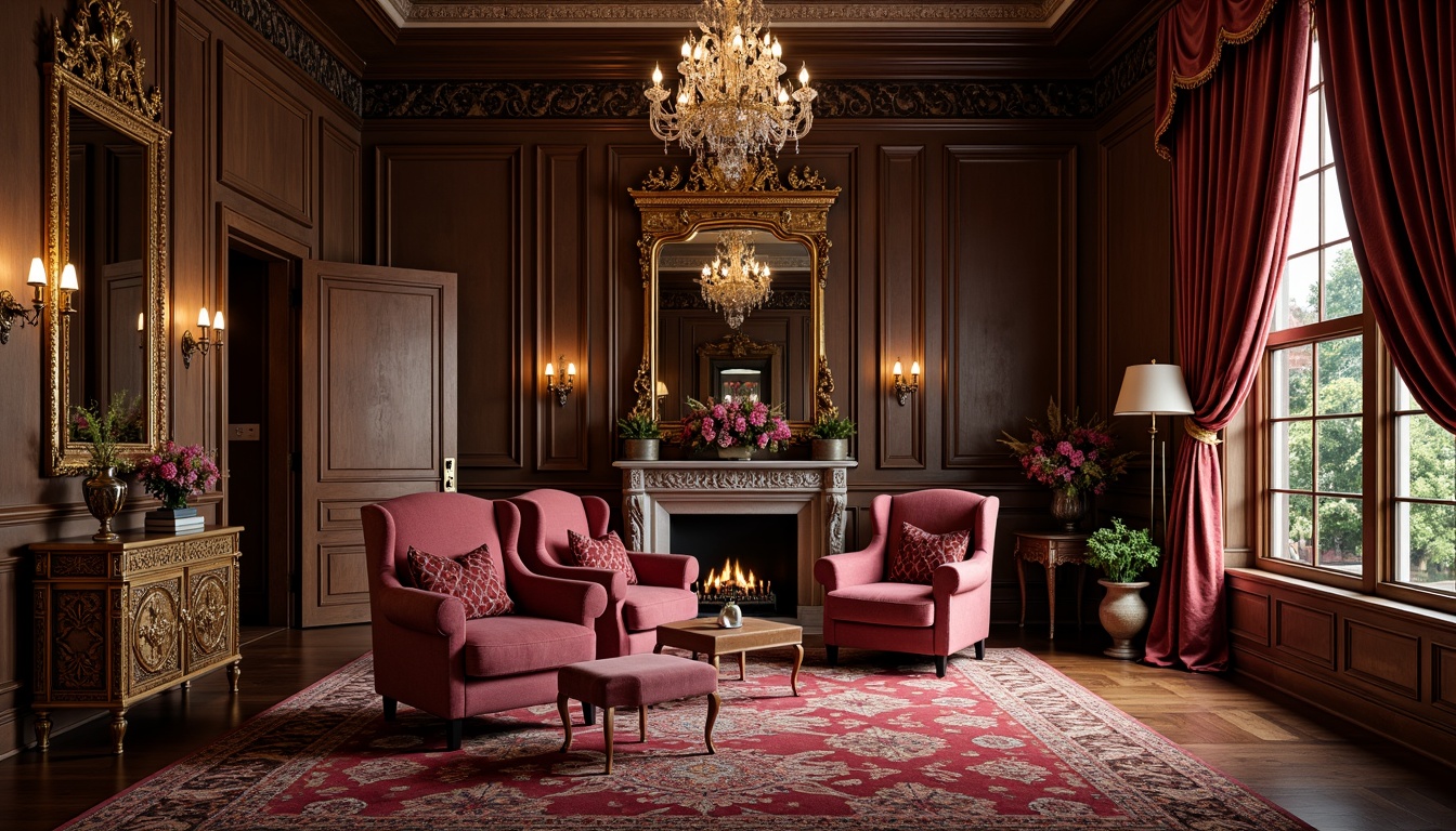 Prompt: Luxurious velvet fabrics, rich brocade patterns, intricately embroidered silks, ornate tassels, heavy drapery, opulent upholstery, carved wooden furniture, gilded frames, crystal chandeliers, lavish flower arrangements, dark wood paneling, ornamental mirrors, intricate moldings, soft warm lighting, 1/1 composition, realistic textures, ambient occlusion.