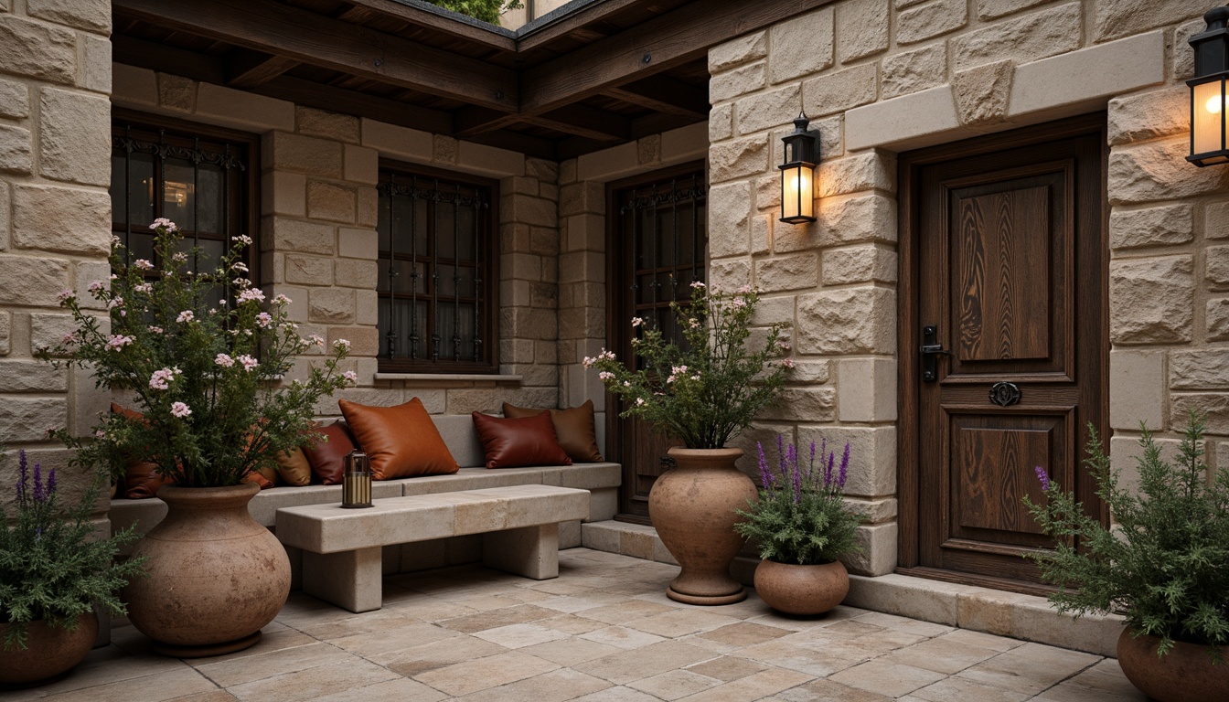 Prompt: Rough stone walls, rustic wooden planks, worn brick facades, metallic grilles, intricately carved ornaments, weathered concrete foundations, distressed leather upholstery, vintage-inspired metal hardware, earthy terracotta pots, organic-shaped planters, soft-glowing lanterns, warm ambient lighting, shallow depth of field, 3/4 composition, realistic textures, ambient occlusion.