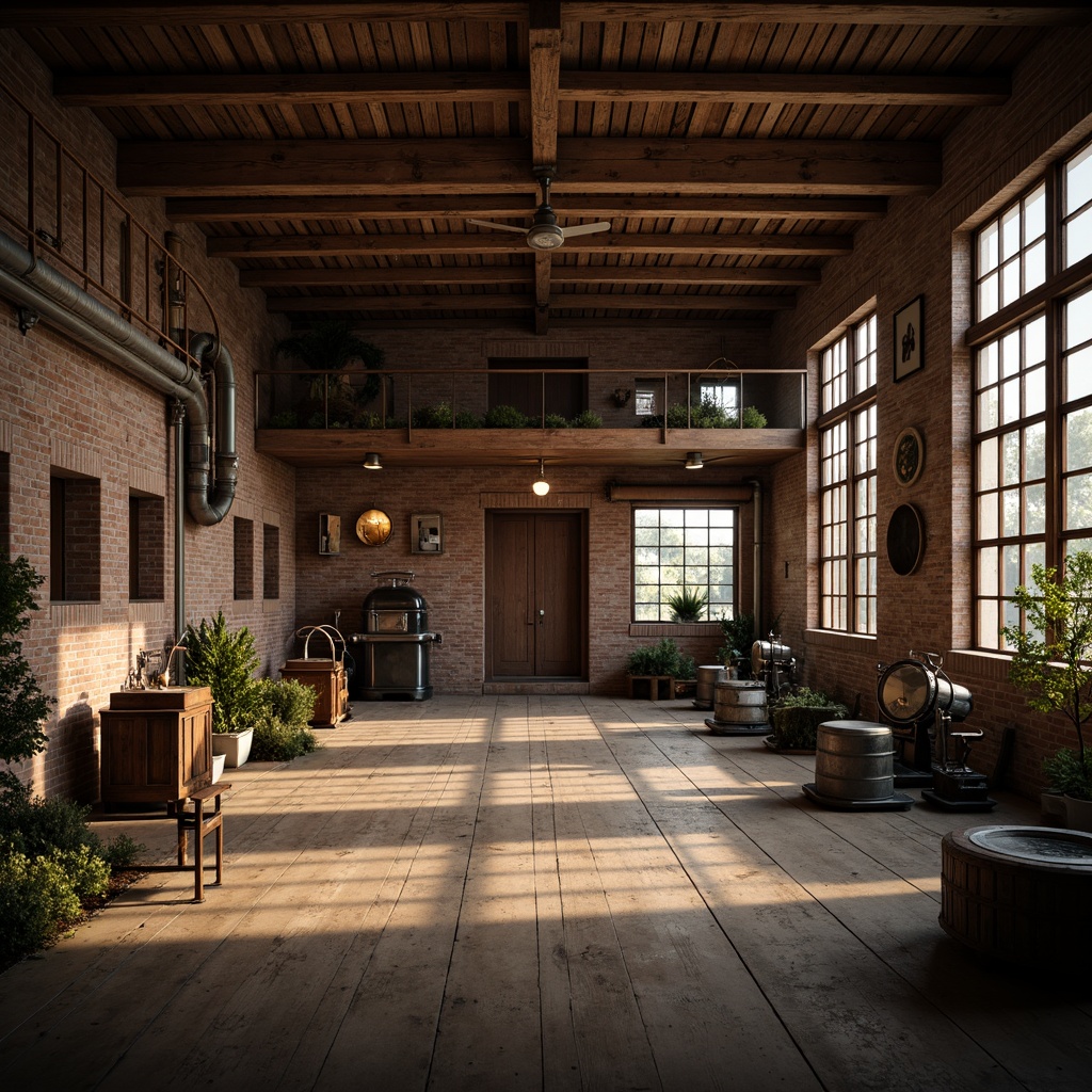 Prompt: Rustic factory setting, exposed wooden beams, distressed brick walls, industrial metal accents, reclaimed wood floors, vintage machinery, natural stone foundations, earthy color palette, warm soft lighting, shallow depth of field, 2/3 composition, cinematic view, realistic textures, ambient occlusion.