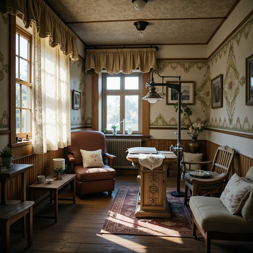 Prompt: Vintage medical equipment, distressed wood furniture, soft pastel colors, floral patterns, lace fabrics, linen textiles, ruffled curtains, ornate metal fixtures, worn leather armchairs, reclaimed wooden flooring, natural stone walls, warm candlelighting, shallow depth of field, 3/4 composition, cozy atmosphere, realistic textures, ambient occlusion.