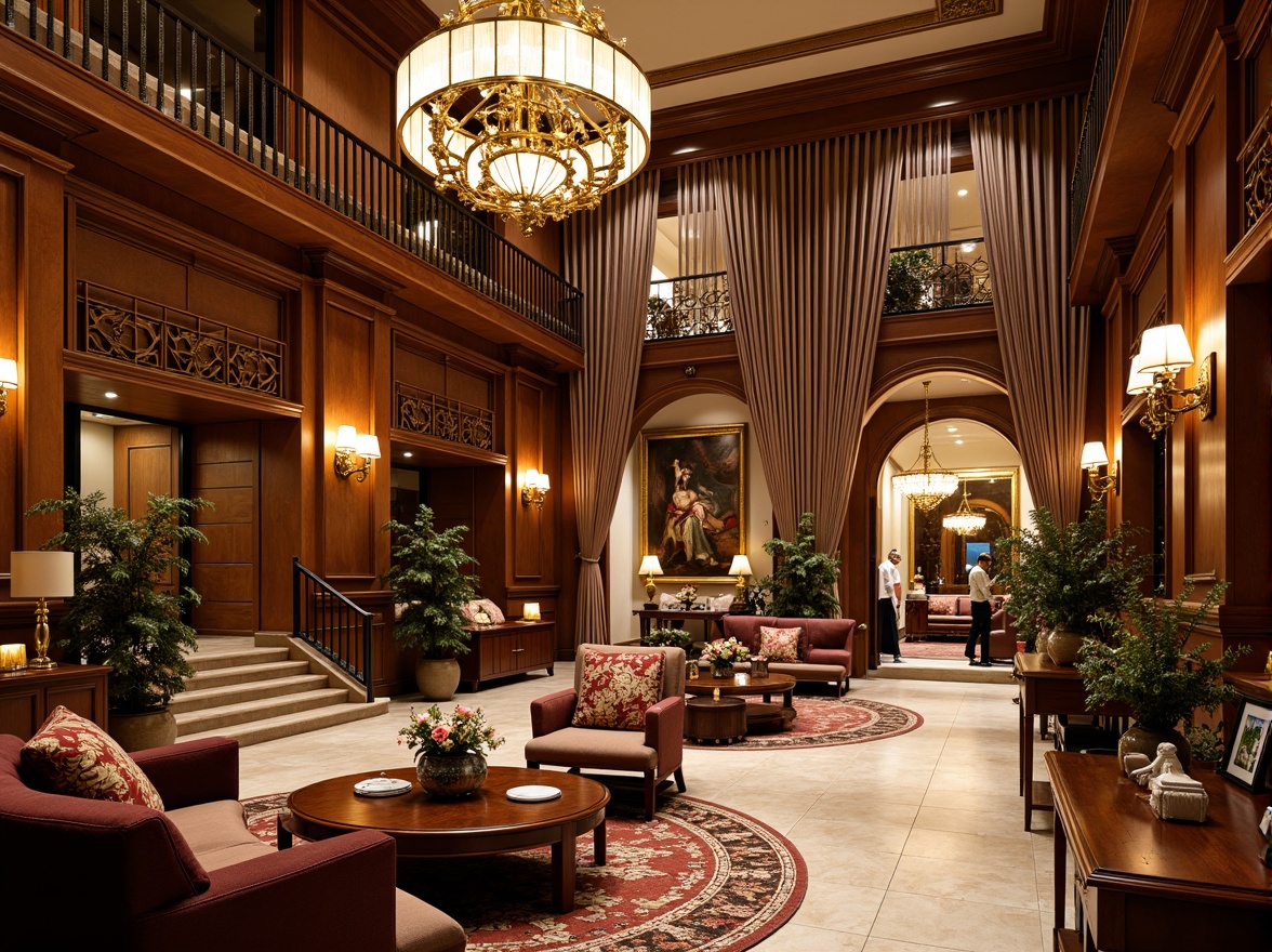 Prompt: Grandiose hotel lobby, ornate chandeliers, intricately carved wooden furniture, velvet drapes, golden accents, lavish flower arrangements, marble floors, intricate moldings, dramatic archways, sweeping staircases, opulent furnishings, rich tapestries, ornate mirrors, gilded frames, luxurious textiles, warm golden lighting, high ceilings, grand proportions, 1/2 composition, shallow depth of field, soft focus.