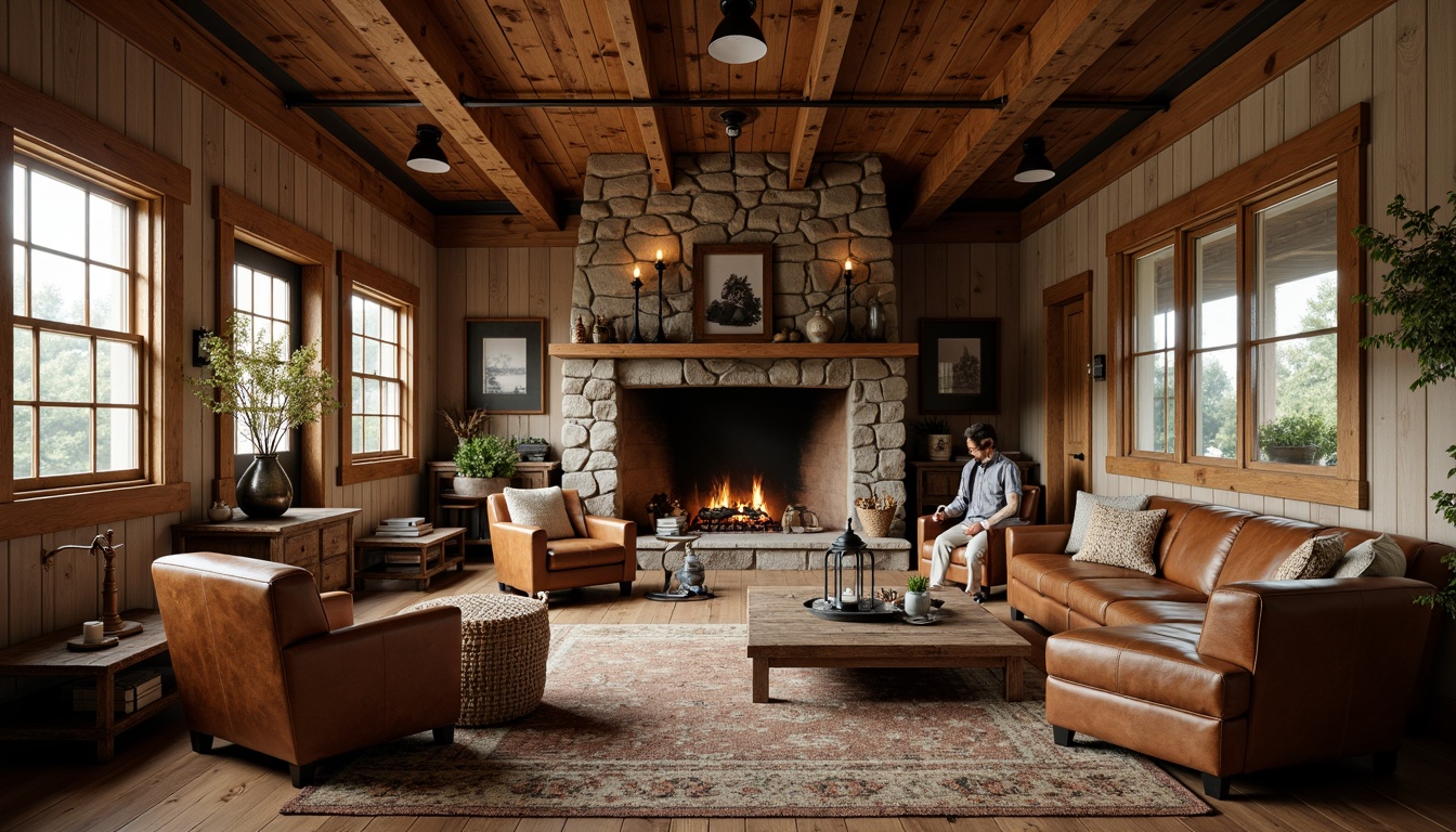 Prompt: Rustic cabin, reclaimed wood walls, earthy tone color palette, vintage furniture pieces, distressed wooden tables, worn leather sofas, antique metal lanterns, woven wicker chairs, natural fiber rugs, stone fireplaces, wooden beam ceilings, warm cozy lighting, shallow depth of field, 1/2 composition, rustic textures, ambient occlusion.