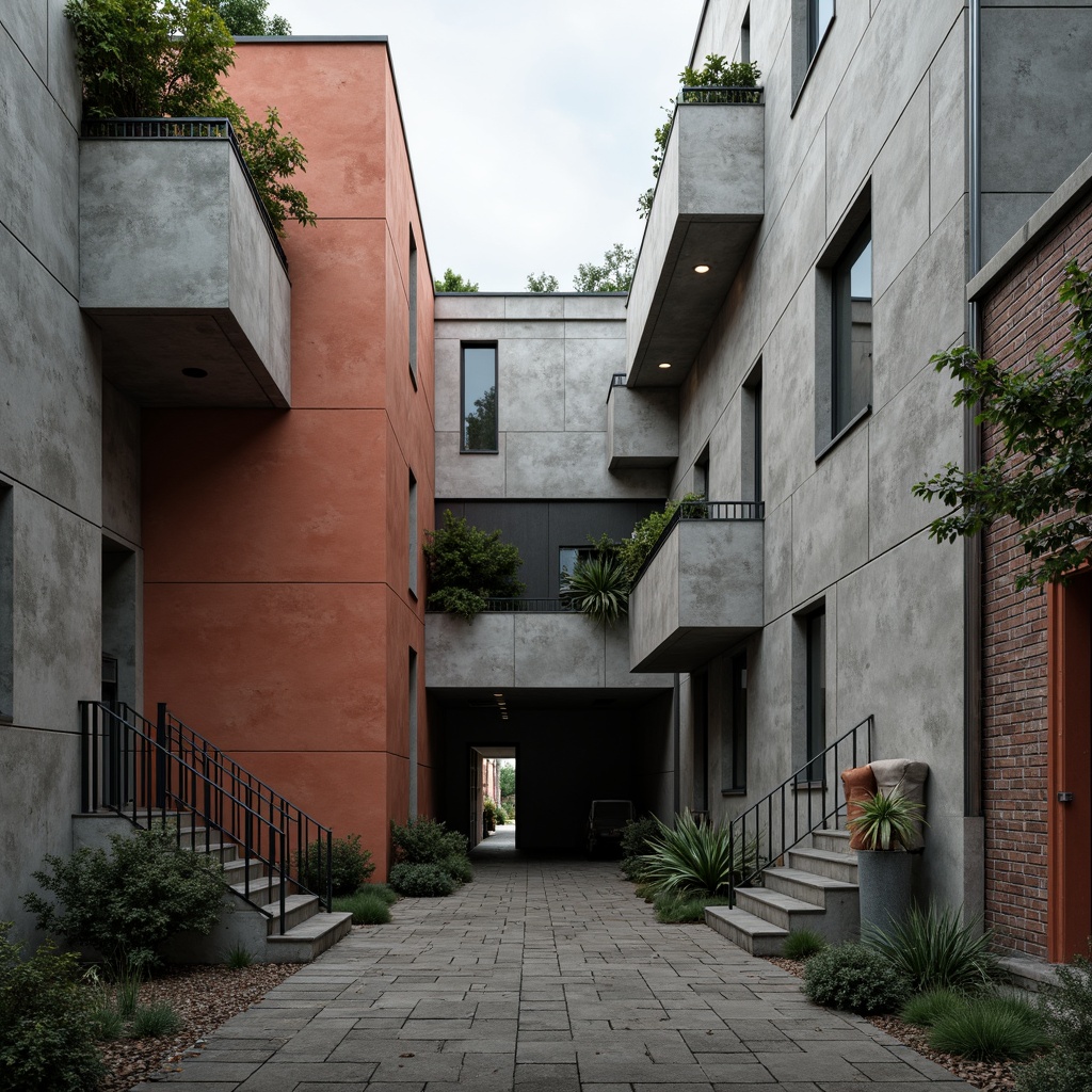 Prompt: Rugged concrete walls, exposed ductwork, raw industrial materials, brutalist architecture, geometric shapes, bold color blocking, abstract patterns, asymmetrical compositions, fragmented forms, distressed textures, urban landscape, overcast skies, dramatic shadows, high-contrast lighting, dynamic camera angles, 2/3 composition, cinematic atmosphere, gritty realistic rendering.