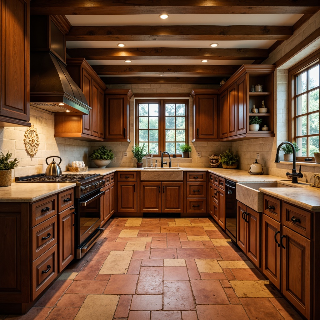 Prompt: Warm traditional kitchen, rustic wooden cabinets, earthy tones, natural stone countertops, ornate metal fixtures, vintage appliances, brick-red terracotta flooring, creamy porcelain tiles, distressed wood plank flooring, soft warm lighting, shallow depth of field, 3/4 composition, realistic textures, ambient occlusion.