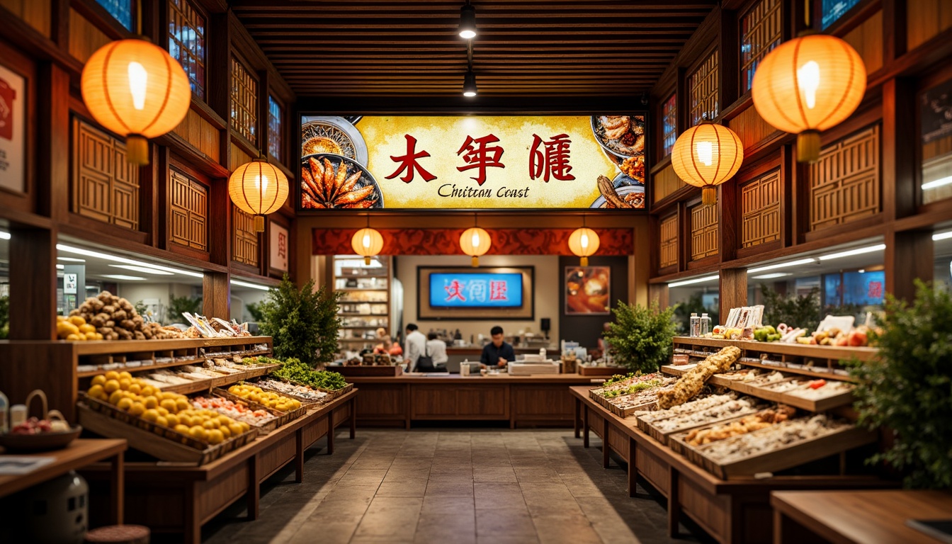 Prompt: Vibrant Asian-inspired signage, bold Chinese characters, colorful lanterns, decorative fans, ornate metalwork, intricate wooden carvings, aromatic spices, exotic fruits, fresh seafood displays, bustling marketplace atmosphere, warm yellow lighting, shallow depth of field, 1/1 composition, realistic textures, ambient occlusion.