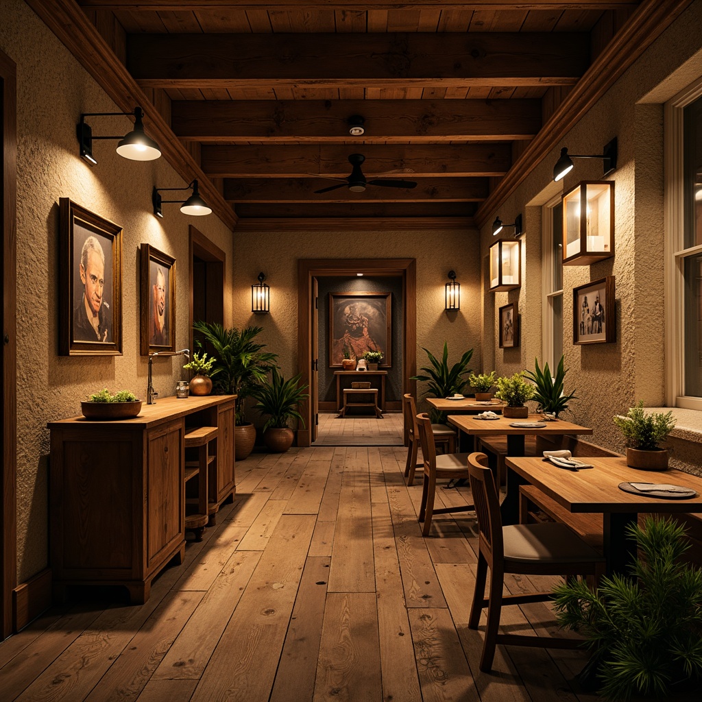 Prompt: Rustic wooden accents, earthy brown tones, warm beige hues, soft sienna shades, muted greenery, vintage metal decorations, distressed leather textures, natural stone walls, reclaimed wood flooring, cozy candlelight, warm golden lighting, shallow depth of field, 1/2 composition, realistic wood grains, ambient occlusion.