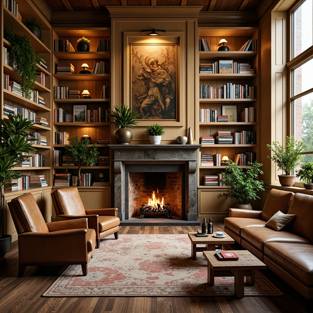 Prompt: Cozy bookstore atmosphere, rich wood tones, warm beige shelves, soft golden lighting, vintage leather armchairs, distressed wooden floors, earthy scent, old book smell, comfortable reading nooks, floor-to-ceiling bookshelves, ladder bookcases, warm cream-colored walls, natural stone fireplaces, rustic metal accents, eclectic decorative items, plush area rugs, modern minimalist tables, vibrant greenery, soft box lighting, 1/1 composition, intimate atmosphere, realistic textures, subtle shadows.