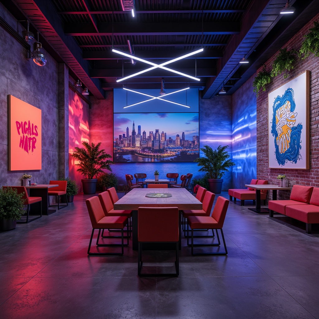 Prompt: Vibrant game room, bold accent walls, textured concrete finish, neon color schemes, futuristic LED lighting, sleek metal frames, industrial-chic decor, rustic wooden accents, dynamic geometric patterns, abstract art pieces, urban cityscape murals, atmospheric misting effects, shallow depth of field, 1/1 composition, cinematic views, realistic textures, ambient occlusion.