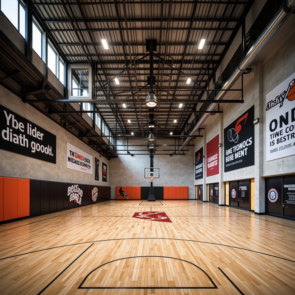 Prompt: Modern gymnasium interior, polished wooden floors, basketball court lines, athletic equipment, motivational quotes, sports-themed murals, concrete walls, industrial metal beams, suspended LED lighting, dynamic color schemes, bold typography, inspirational banners, natural stone accents, metallic coatings, textured finishes, urban graffiti patterns, high-gloss paint, reflective surfaces, shallow depth of field, 1/1 composition, realistic textures, ambient occlusion.