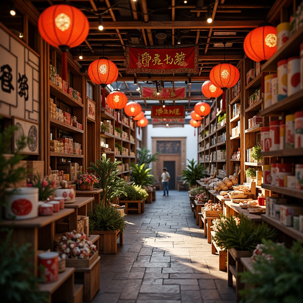 Prompt: Vibrant Asian-inspired color scheme, intricate lanterns, wooden accents, cultural patterned textiles, bustling marketplace atmosphere, crowded shelves with exotic products, wicker baskets, natural stone flooring, bamboo decorative elements, warm soft lighting, shallow depth of field, 1/1 composition, realistic textures, ambient occlusion.