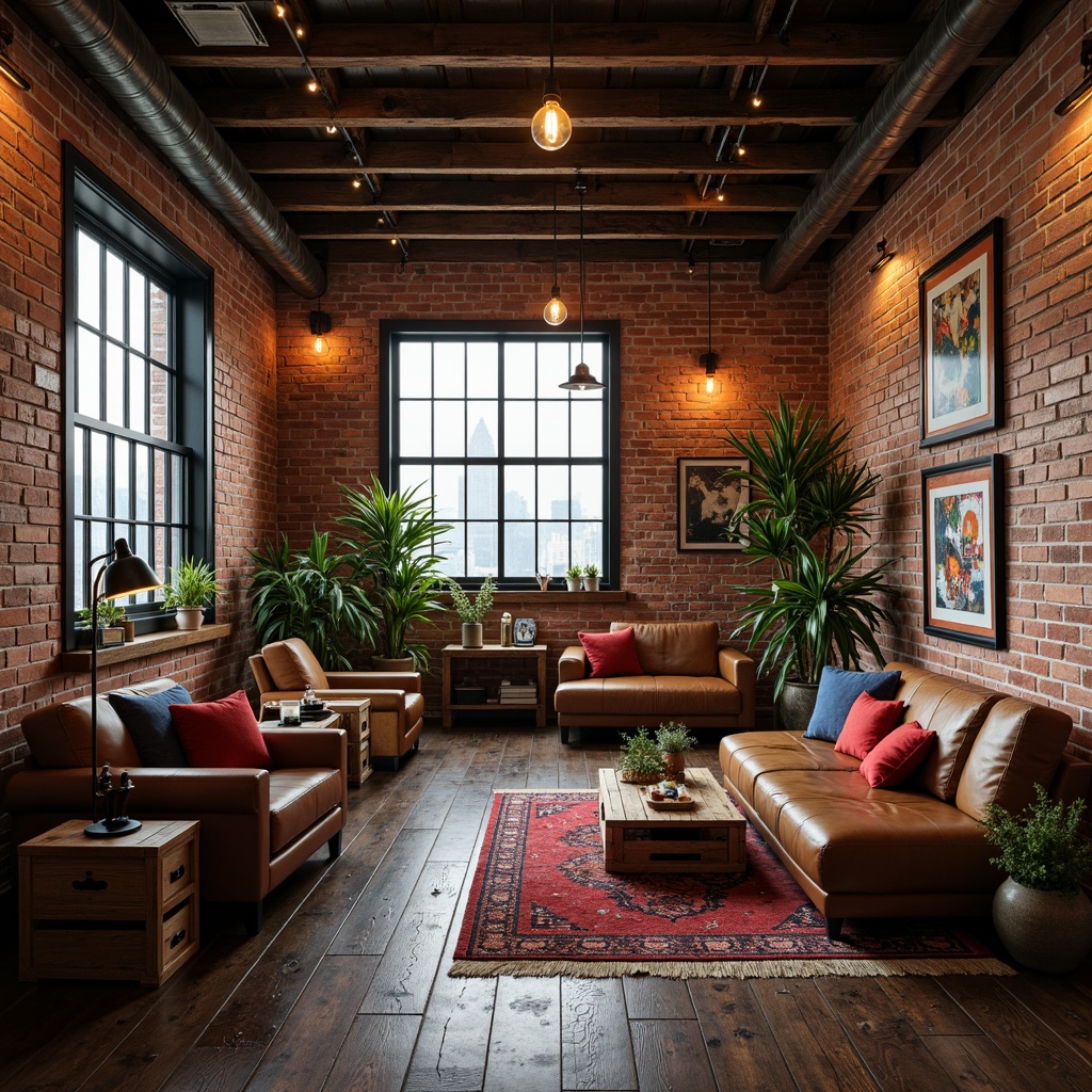 Prompt: Exposed brick walls, reclaimed wood flooring, industrial-style metal beams, urban loft atmosphere, vintage factory lighting fixtures, Edison bulb pendants, metal shade lamps, rustic wooden crates, distressed leather furniture, bold colorful accents, abstract geometric patterns, eclectic decorative elements, warm cozy textiles, atmospheric misty lighting, shallow depth of field, 1/1 composition, realistic textures, ambient occlusion.