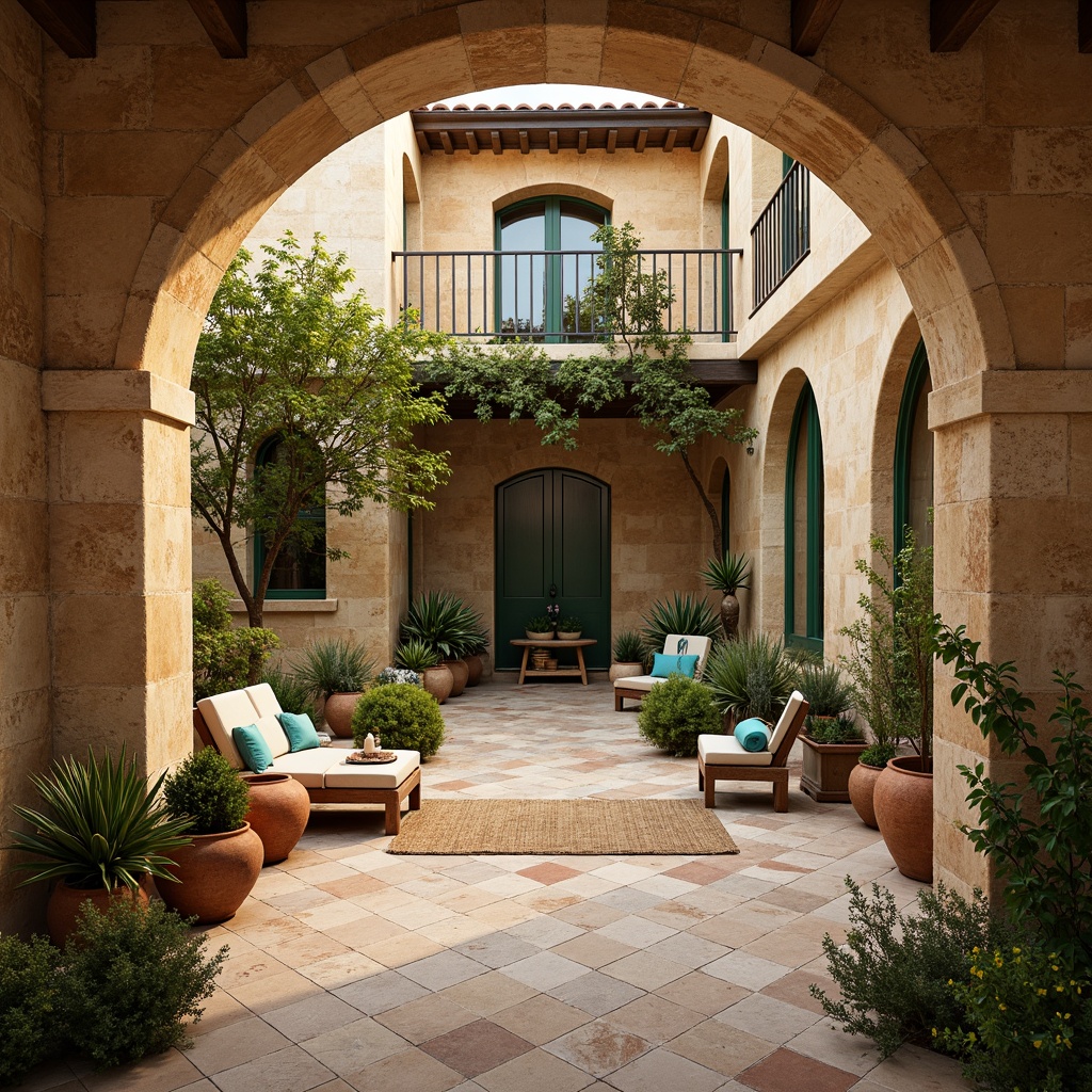 Prompt: Warm Mediterranean villa, rustic stone walls, terracotta pots, lush greenery, turquoise accents, ceramic tiles, distressed wood flooring, natural fiber rugs, woven textiles, earthy color palette, warm beige tones, soft golden lighting, ambient shadows, 3/4 composition, shallow depth of field.