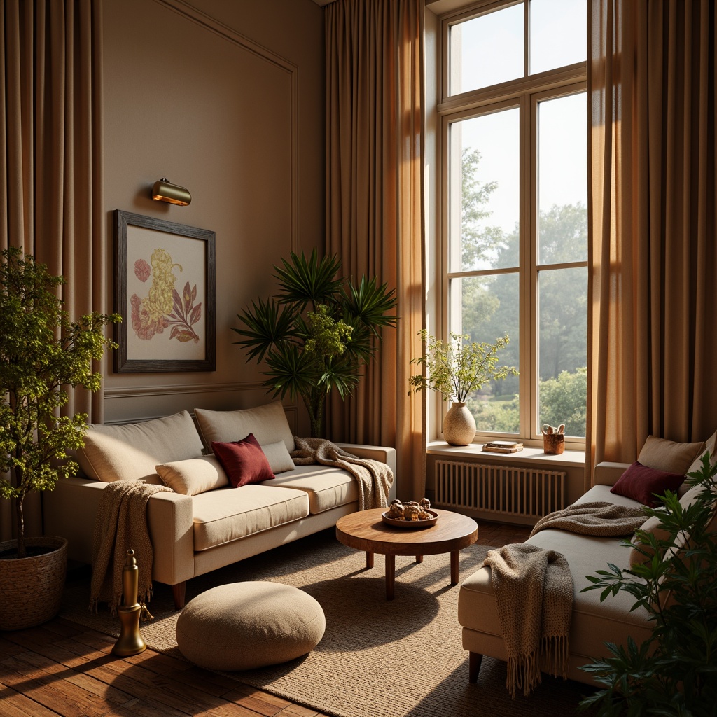 Prompt: Rich velvet fabrics, warm beige walls, soft cream accents, dark wood furniture, metallic gold lighting, lush greenery, natural stone flooring, cozy throw blankets, ambient warm glow, shallow depth of field, 1/2 composition, realistic textures, atmospheric fog effect.Please let me know if this meets your requirements!