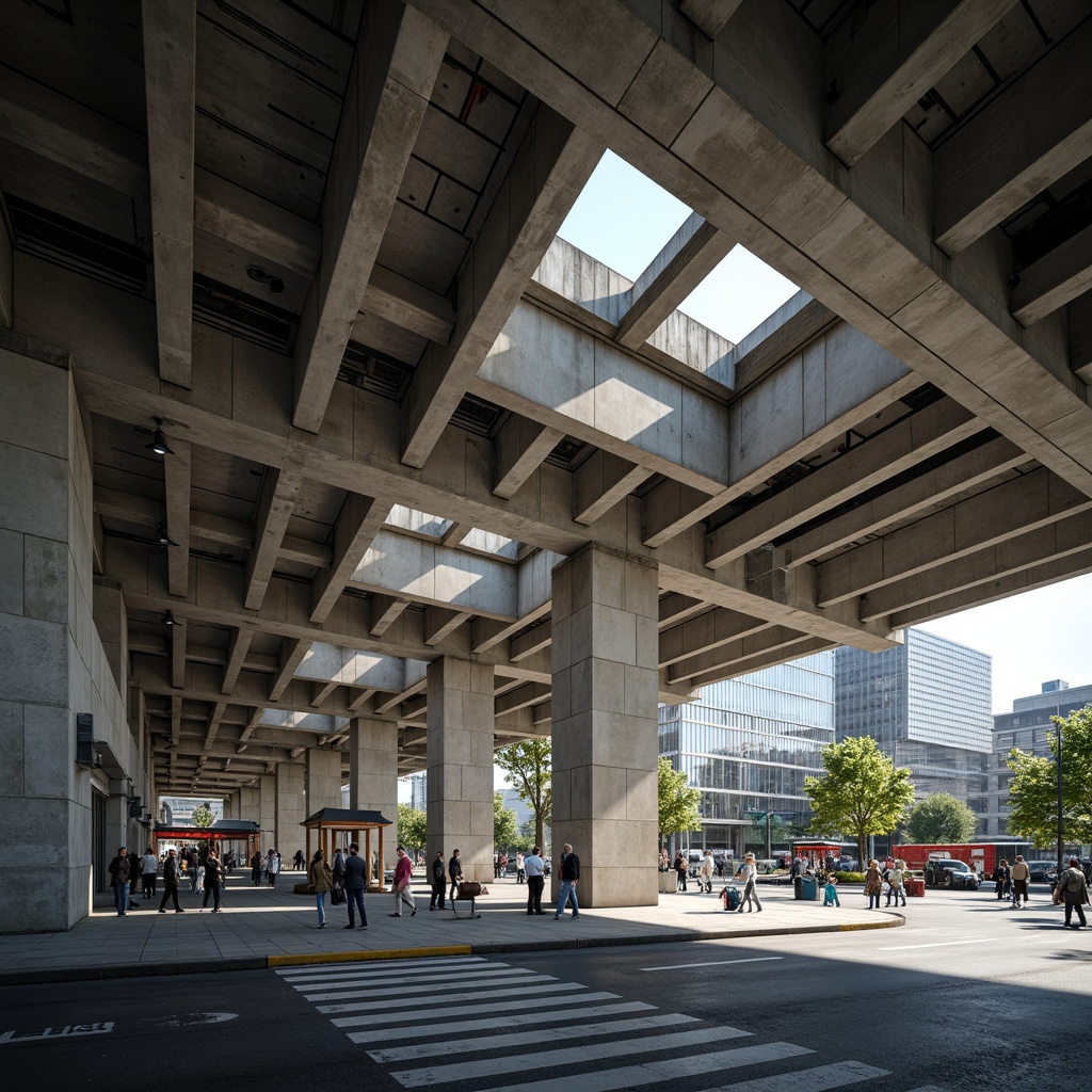 Prompt: Rugged bus station, brutalist architecture, raw concrete walls, exposed ductwork, industrial steel beams, reinforced columns, monumental scale, dramatic cantilevers, geometric patterns, minimalist aesthetics, functional design, urban context, busy streets, asphalt roads, pedestrian crossings, public art installations, angular shadows, harsh overhead lighting, deep chiaroscuro, 2/3 composition, symmetrical framing, gritty textures, realistic materials.