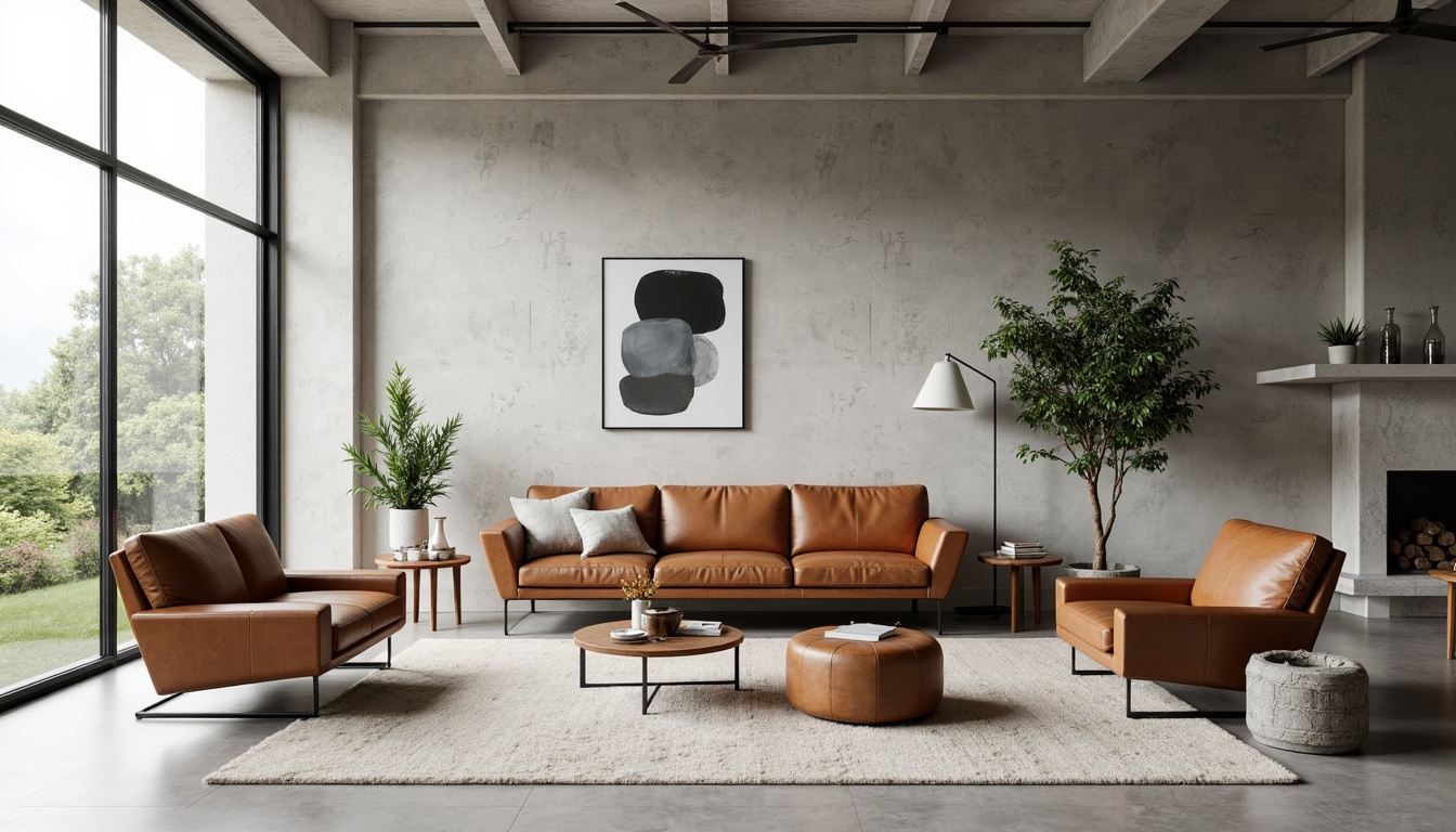 Prompt: Minimalist living room, functional furniture, primary color scheme, tubular steel frames, leather upholstery, geometric shapes, clean lines, industrial materials, neutral tones, natural textiles, abstract artwork, modernist architecture, large windows, minimal ornamentation, functional simplicity, brutalist concrete walls, industrial chic decor, 1/1 composition, high-key lighting, shallow depth of field.