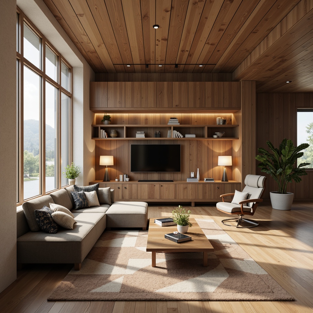 Prompt: Modern living room, sleek wooden flooring, minimalist walls, comfortable sectional sofa, ergonomic office chair, spacious coffee table, stylish floor lamps, geometric-patterned rug, functional shelving units, hidden storage cabinets, natural wood accents, earthy color palette, soft warm lighting, shallow depth of field, 3/4 composition, realistic textures, ambient occlusion.