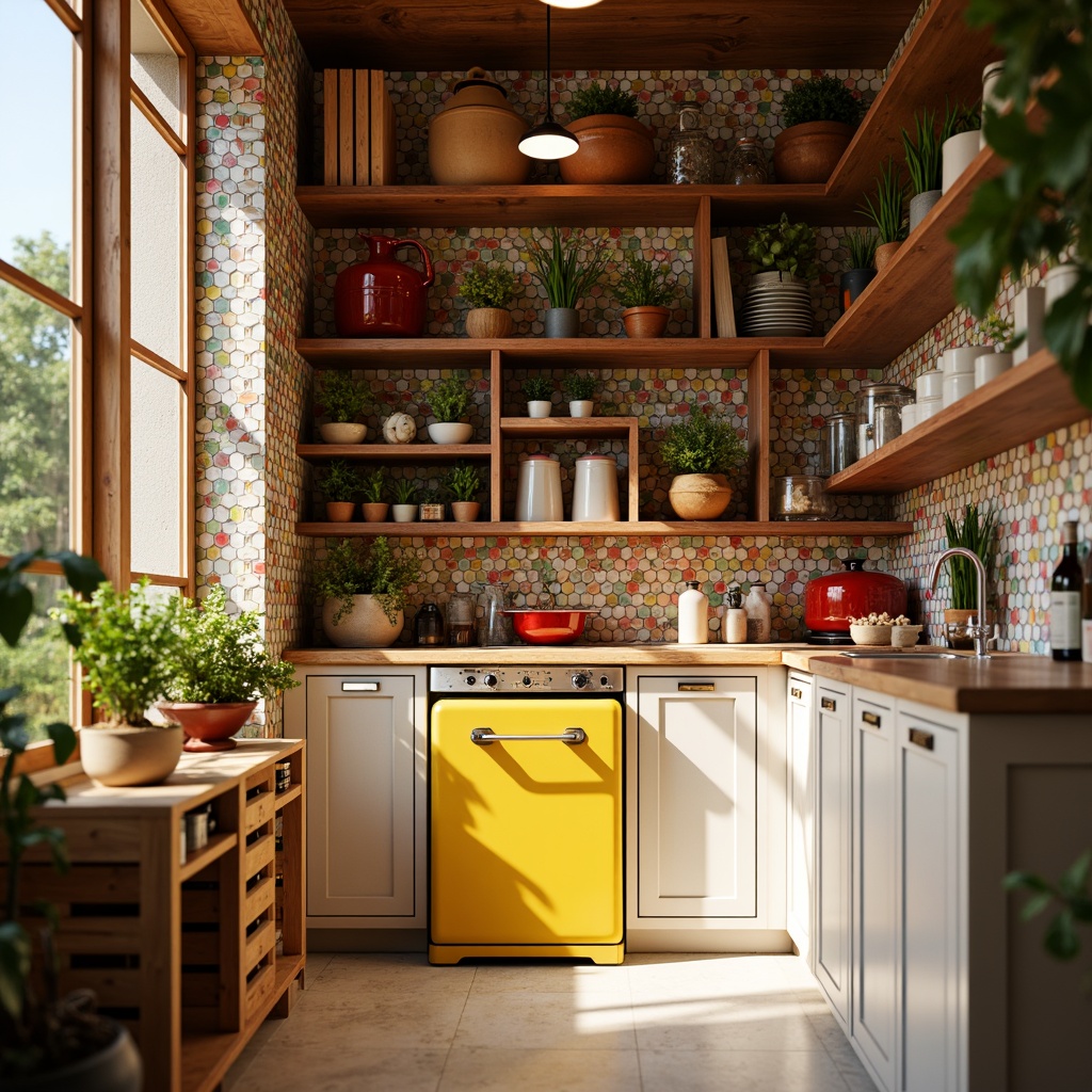 Prompt: Vibrant pantry, warm wood tones, rich walnut shelves, colorful ceramic tiles, playful polka-dot wallpaper, bright yellow appliances, bold red accents, lively greenery, fresh herbs, modern pendant lights, sleek chrome fixtures, airy open shelving, natural stone countertops, creamy white cabinetry, rustic wooden crates, woven baskets, sunny afternoon light, soft warm glow, shallow depth of field, 1/1 composition, realistic textures, ambient occlusion.