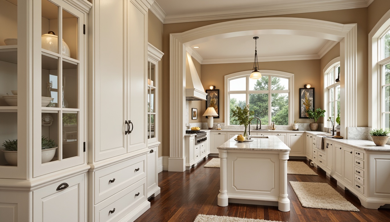 Prompt: Creamy white cabinetry, soft-close drawers, polished chrome hardware, Carrara marble countertops, warm beige walls, rich walnut flooring, ornate moldings, decorative trimwork, elegant archways, classic built-in shelving, plush area rugs, subtle texture variations, ambient warm lighting, shallow depth of field, 1/2 composition, realistic reflections, gentle color palette.