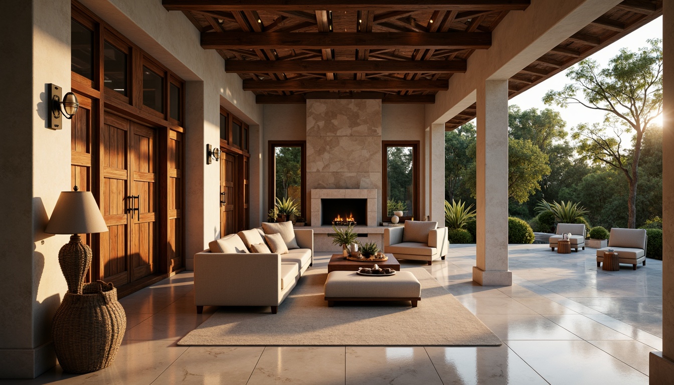 Prompt: Luxurious villa, Mediterranean Revival architecture, stucco exterior walls, terracotta roof tiles, rustic wooden doors, ornate metal hardware, sleek glass windows, polished marble floors, rich walnut cabinetry, soft velvet upholstery, natural stone fireplaces, warm ambient lighting, shallow depth of field, 3/4 composition, realistic textures, ambient occlusion.