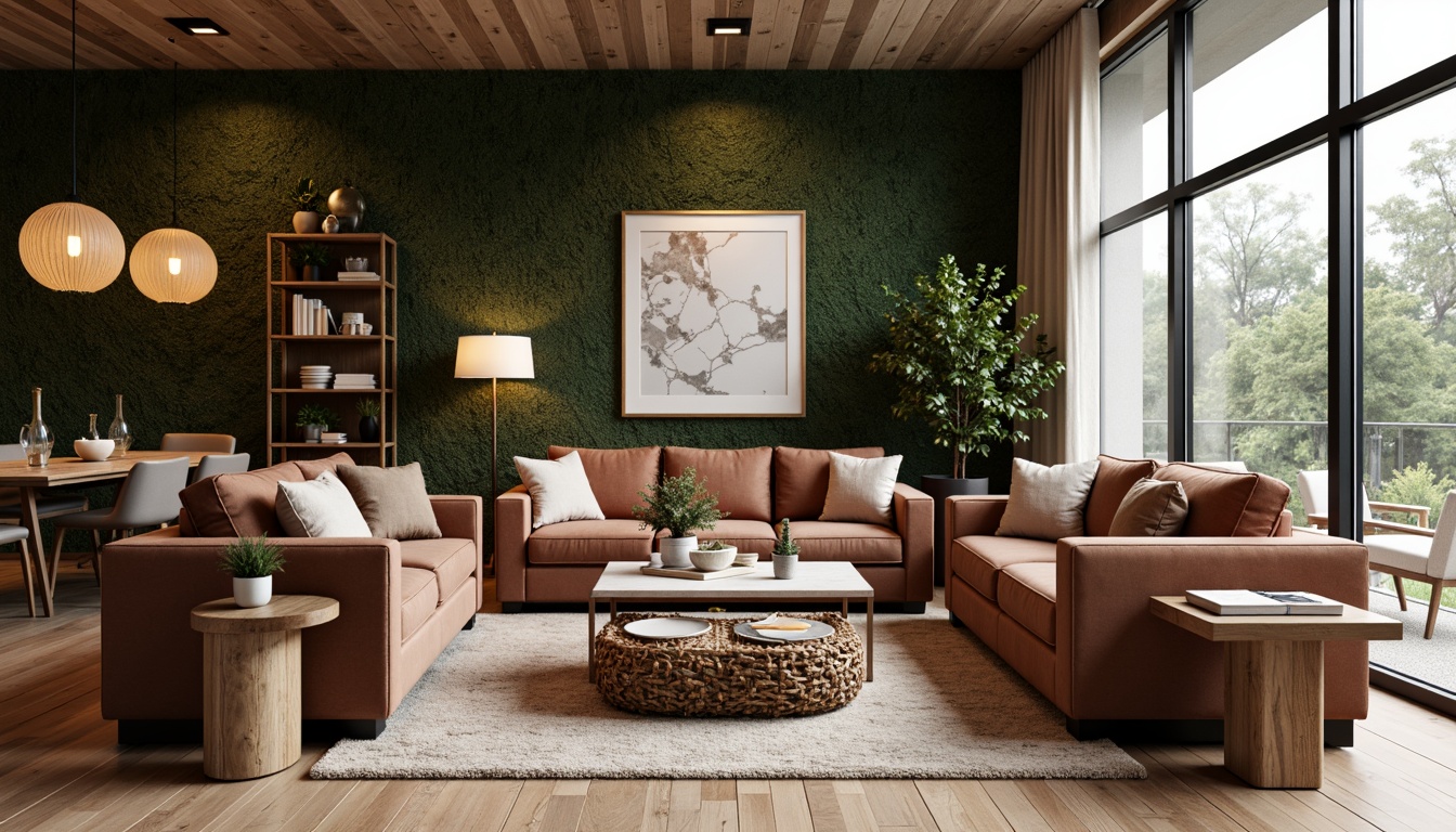 Prompt: Cozy living room, plush sofas, velvet armchairs, wooden coffee tables, marble side tables, woven baskets, natural fiber rugs, soft warm lighting, 3/4 composition, realistic textures, ambient occlusion, luxurious fabrics, ergonomic design, minimalist decor, earthy color palette, Scandinavian-inspired style, metal accents, greenery walls, floor-to-ceiling windows, urban chic atmosphere.