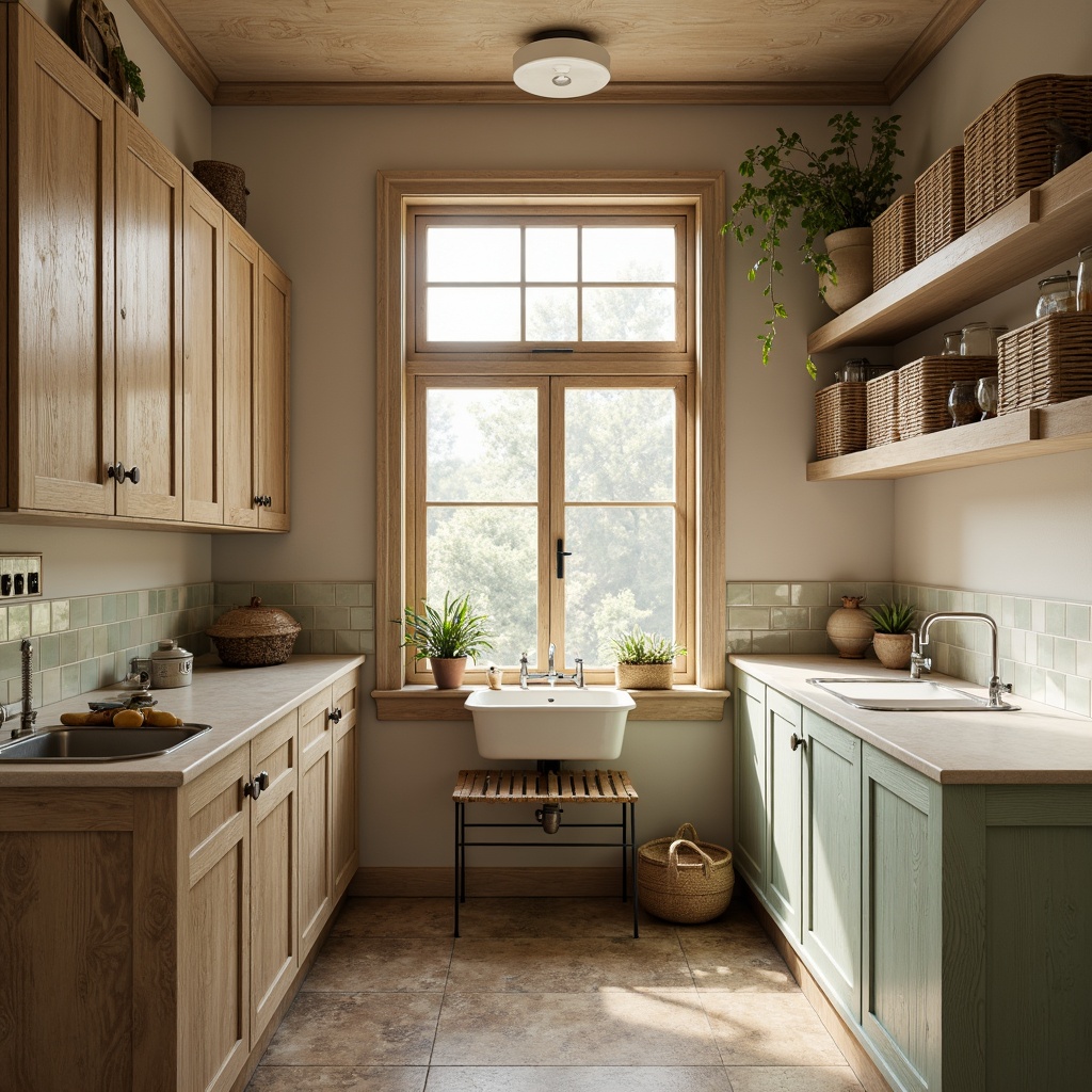 Prompt: Vintage laundry room, distressed wood cabinets, antique metal fixtures, porcelain sinks, ceramic tiles, soft pastel colors, warm beige tones, natural stone floors, woven wicker baskets, ornate metal hinges, classic wooden shelves, nostalgic decorative items, softbox lighting, 1/1 composition, realistic textures, ambient occlusion.