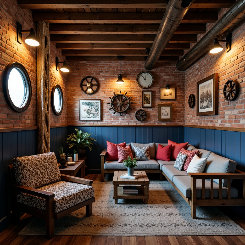 Prompt: Cozy basement, nautical themed decor, rustic wooden accents, distressed finishes, vintage navigation instruments, porthole windows, shipwheel chandeliers, navy blue and red color scheme, anchor-shaped decorations, fishnet-patterned textiles, driftwood-inspired furniture, ocean-blue glass tiles, rope-wrapped columns, industrial metal lighting, exposed brick walls, warm atmospheric lighting, shallow depth of field, 1/2 composition, realistic textures, ambient occlusion.