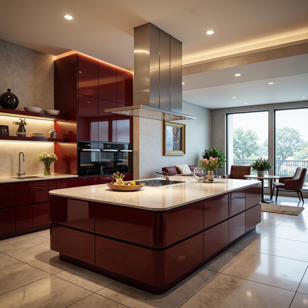 Prompt: Luxurious kitchen island, burgundy cabinets, marble countertops, contemporary style, high-gloss finish, soft warm lighting, chrome fixtures, minimalist decor, open-plan living space, large windows, natural stone flooring, sophisticated ambiance, elegant lines, refined textures, 1/1 composition, shallow depth of field, realistic reflections.