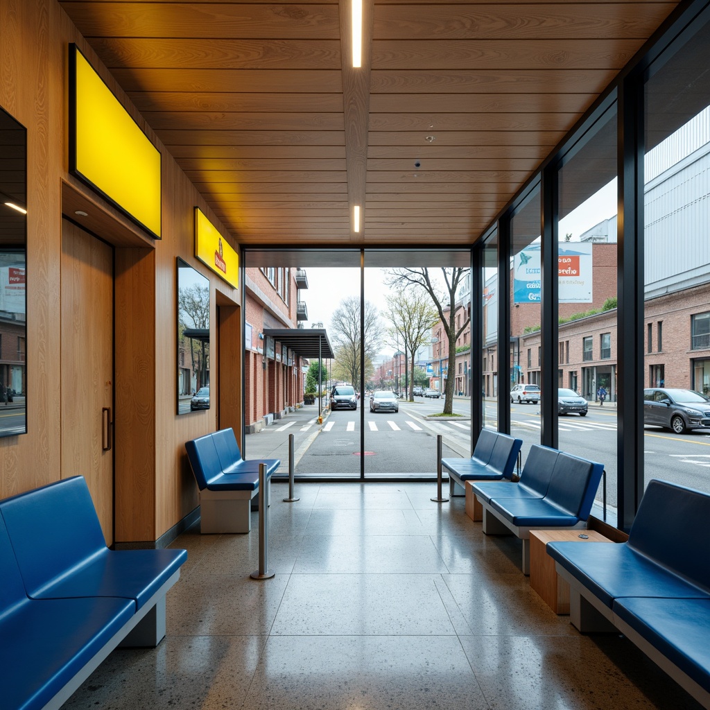 Prompt: Vibrant bus station interior, warm beige walls, rich wood accents, bold blue seating, bright yellow signage, cool grey flooring, stainless steel handrails, modern LED lighting, sleek glass partitions, urban cityscape views, natural daylight, subtle texture contrasts, 1/2 composition, softbox lighting, realistic reflections.