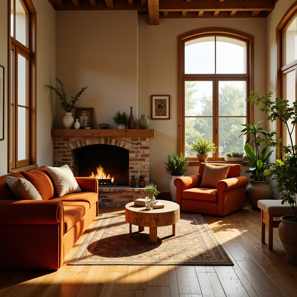 Prompt: Cozy living room, warm beige walls, rich walnut wood flooring, plush velvet sofas, soft golden lighting, crackling fireplace, vibrant orange accents, rustic wooden furniture, natural woven textiles, earthy terracotta pots, lush greenery, sun-drenched windows, shallow depth of field, 3/4 composition, realistic textures, ambient occlusion.