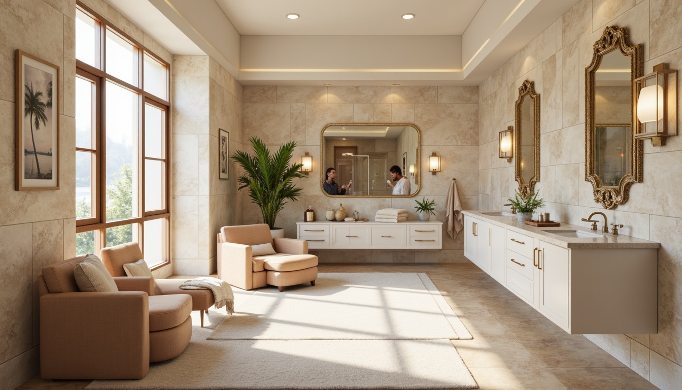 Prompt: Luxurious powder room, elegant marble countertops, ornate mirrors, delicate lighting fixtures, soft pastel colors, spacious interior, lavish furnishings, velvety carpets, sleek cabinetry, high-gloss finishes, minimalist decor, calm ambiance, natural stone walls, warm beige tones, subtle textures, shallow depth of field, 1/1 composition, panoramic view, realistic reflections, ambient occlusion.