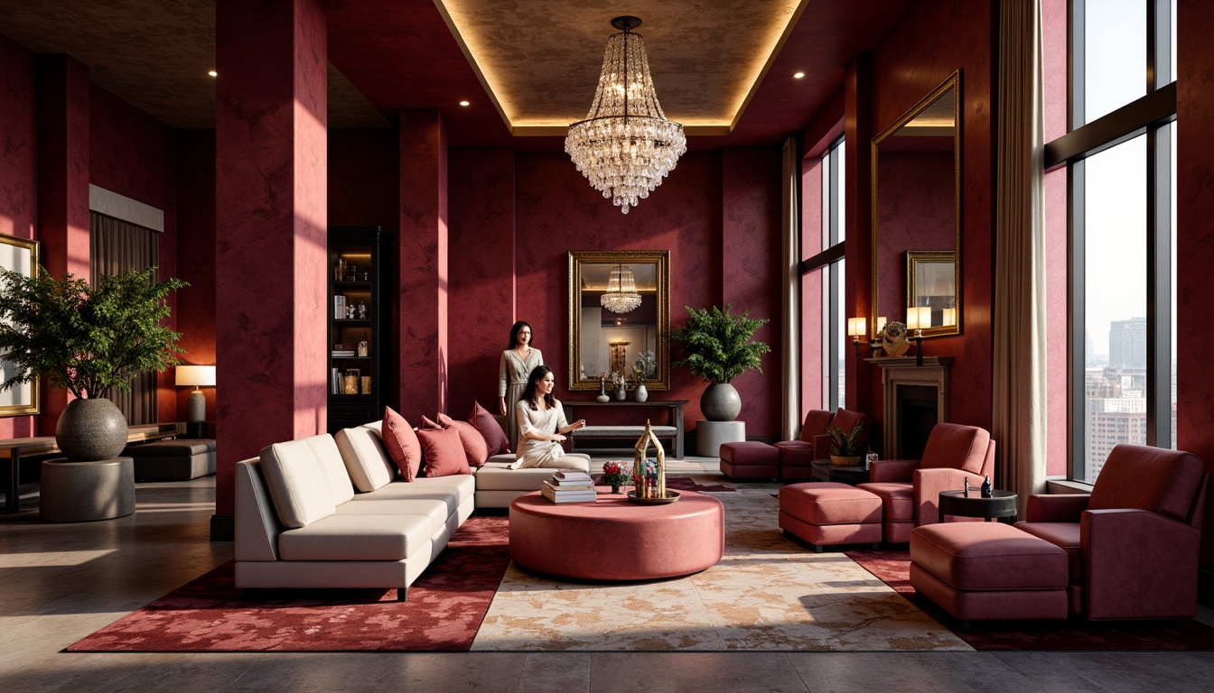 Prompt: Luxurious burgundy accents, rich marble textures, modern contemporary design, sleek LED strips, warm ambient lighting, soft box lights, elegant crystal chandeliers, floor-to-ceiling windows, natural daylight, subtle shadows, high-contrast ratio, dramatic spotlighting, 1/2 composition, shallow depth of field, realistic reflections, metallic sheen, sophisticated color palette.