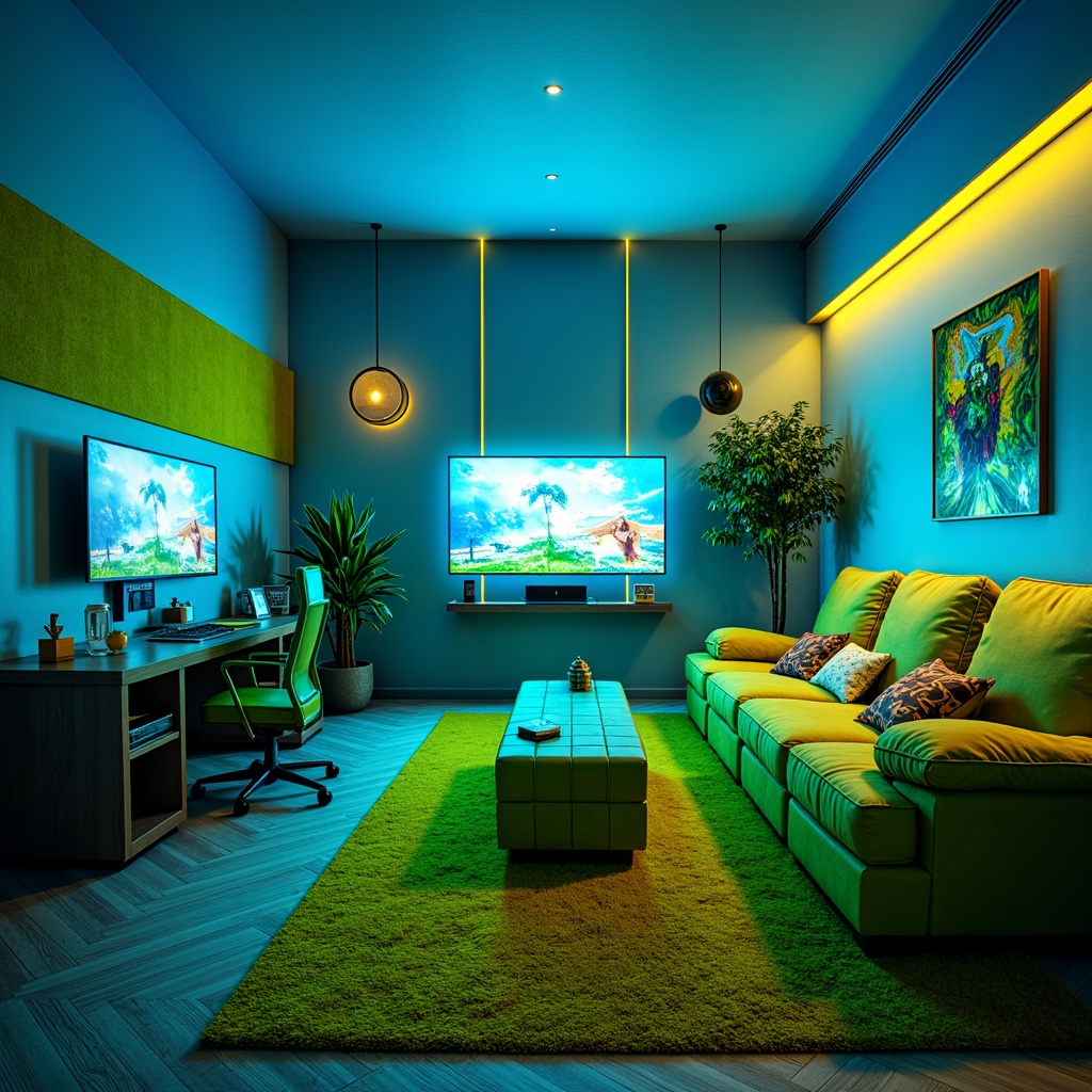 Prompt: Vibrant game room, bold color scheme, neon accents, electric blue walls, bright green furniture, warm yellow lighting, cozy carpeted floor, modern minimalist decor, sleek gaming consoles, high-tech accessories, futuristic ambiance, dynamic shadows, 1/1 composition, cinematic rendering, realistic textures, ambient occlusion.