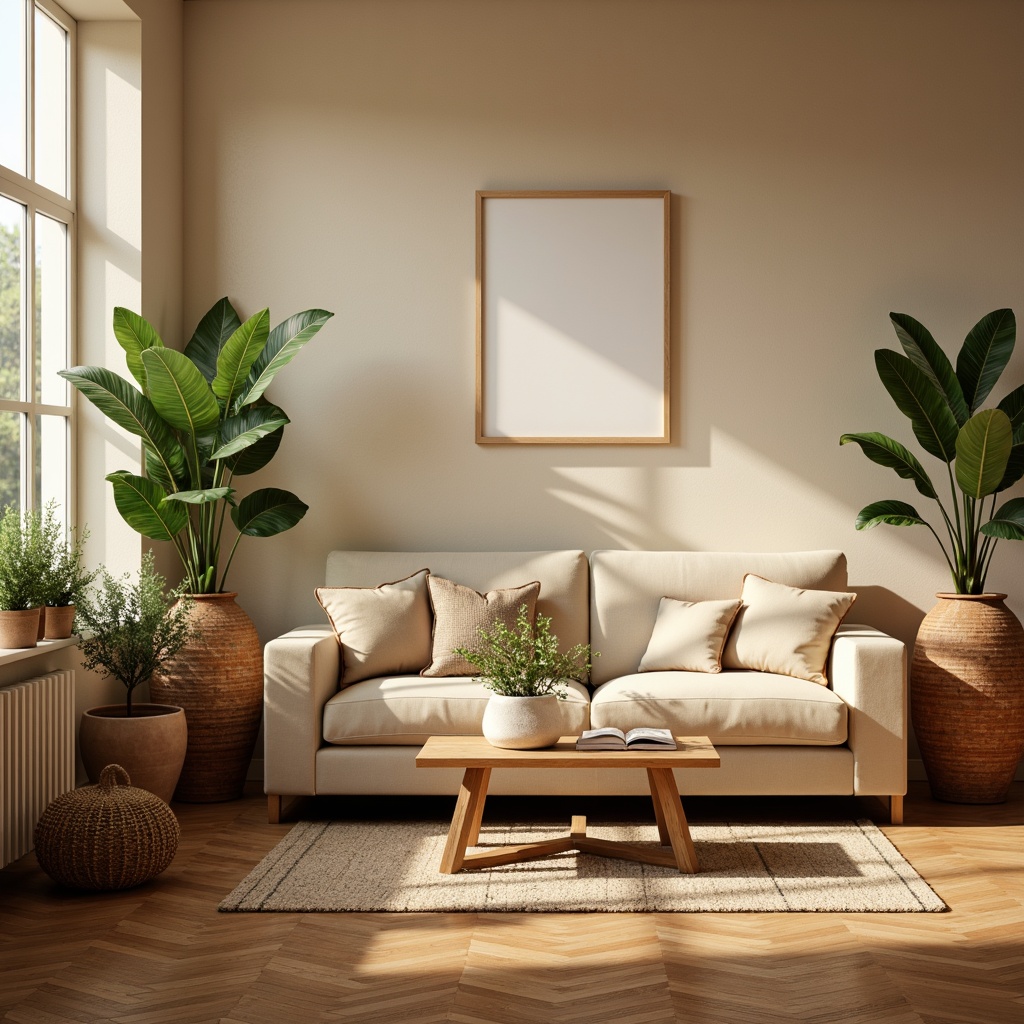 Prompt: Cozy living room, warm beige walls, plush velvet sofa, rich walnut wood furniture, soft golden lighting, natural fiber rug, earthy terracotta planters, lush greenery, calming ambient atmosphere, 1/1 composition, shallow depth of field, realistic textures, subtle color gradient, harmonious color palette, pastel shades, creamy whites, soothing blues, warm neutrals.