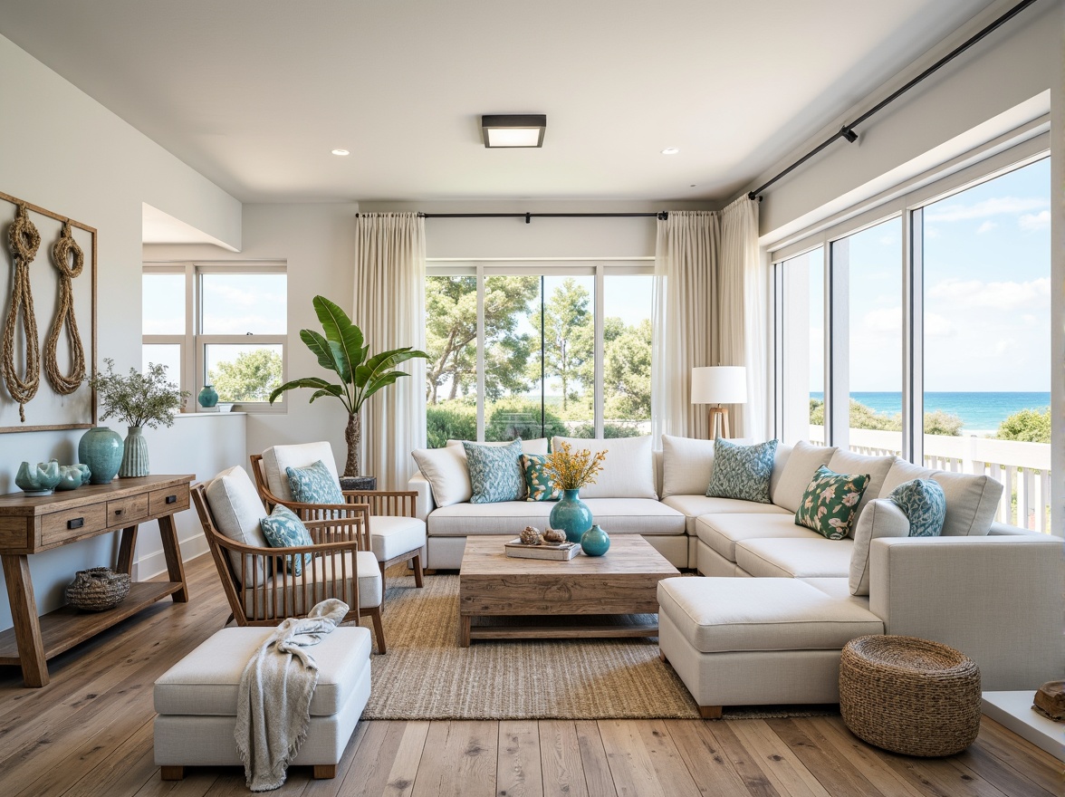 Prompt: Driftwood accents, nautical ropes, ocean-inspired artwork, weathered wooden furniture, natural fiber rugs, sea-glass vases, coral-patterned throw pillows, whitewashed walls, distressed wood floors, beachy color palette, calming atmosphere, abundant natural light, floor-to-ceiling windows, sliding glass doors, coastal-themed decorative accessories, shells, starfish, fish-shaped decorations, soft blue-green hues, relaxed modern furniture, linen-upholstered sofas, woven sea-grass chairs, jute rugs, minimal ornamentation, airy feel, beachside ambiance, warm sunny day, gentle ocean breeze.