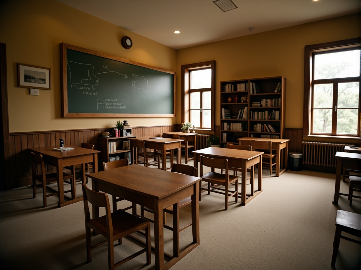 Prompt: Traditional wooden desks, vintage chairs, rustic bookshelves, classic blackboards, warm beige walls, soft carpet floors, comfortable reading nooks, natural wood accents, earthy color palette, cozy atmosphere, warm lighting, shallow depth of field, 3/4 composition, realistic textures, ambient occlusion.