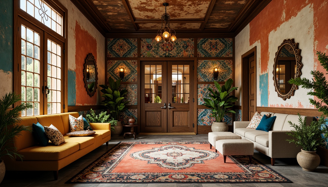 Prompt: Vibrant entrance hall, eclectic style, mixed material textures, distressed wooden doors, rusty metal accents, vintage-inspired lighting fixtures, colorful ceramic tiles, intricate mosaic patterns, ornate mirrors, plush area rugs, bold geometric shapes, statement furniture pieces, exotic plants, natural stone flooring, abstract artwork, warm golden lighting, shallow depth of field, 1/2 composition, realistic reflections.