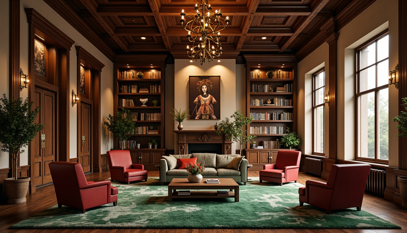 Prompt: Rich walnut wood accents, warm golden lighting, soft beige walls, plush crimson armchairs, vintage leather-bound books, ornate bronze fixtures, lavish emerald green rugs, dramatic floor-to-ceiling shelves, intricate wooden paneling, atmospheric misty windows, warm earthy tones, cozy reading nooks, eclectic mix of antique and modern furniture, bold abstract artwork, dynamic geometric patterns, luxurious velvet drapes.