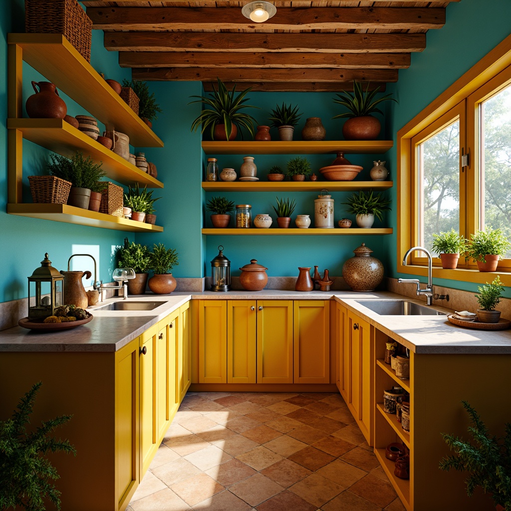 Prompt: Cozy pantry interior, warm wooden shelves, bright turquoise walls, vibrant yellow accents, colorful ceramic tiles, rustic metal lanterns, woven wicker baskets, natural stone countertops, earthy terracotta pots, lush greenery, soft warm lighting, shallow depth of field, 3/4 composition, realistic textures, ambient occlusion.