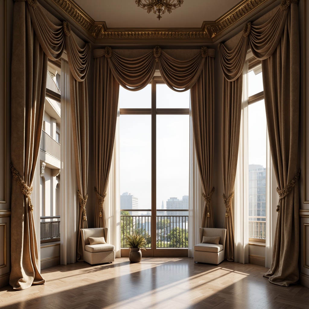 Prompt: Elegant drapery, luxurious fabrics, ornate cornices, sophisticated patterns, rich textures, floor-to-ceiling windows, natural light filtering, sheer curtains, flowing folds, soft billowy shapes, warm neutral tones, subtle sheen, layered treatments, dimensional interest, 3/4 composition, atmospheric perspective, realistic reflections, ambient lighting.