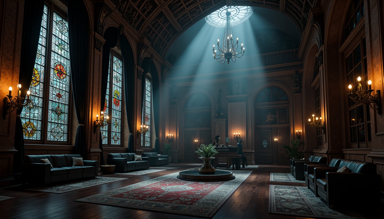 Prompt: Dark mysterious ambiance, grandiose high ceilings, ornate wooden panels, intricate stone carvings, stained glass windows, luxurious velvet drapes, richly patterned rugs, dark hardwood floors, polished black marble, distressed wood planks, worn stone tiles, eerie candelabras, dramatic chandelier lighting, ominous shadows, 3/4 composition, atmospheric fog effect, cinematic mood lighting.