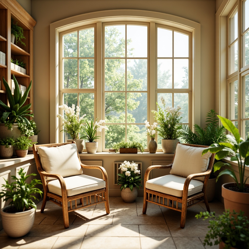 Prompt: Vibrant sunroom, bright natural light, warm beige walls, soft cream furniture, lush green plants, delicate white flowers, wooden accents, natural stone flooring, cozy reading nook, comfortable wicker chairs, soothing pastel colors, serene atmosphere, gentle warm glow, shallow depth of field, 1/1 composition, realistic textures, ambient occlusion.