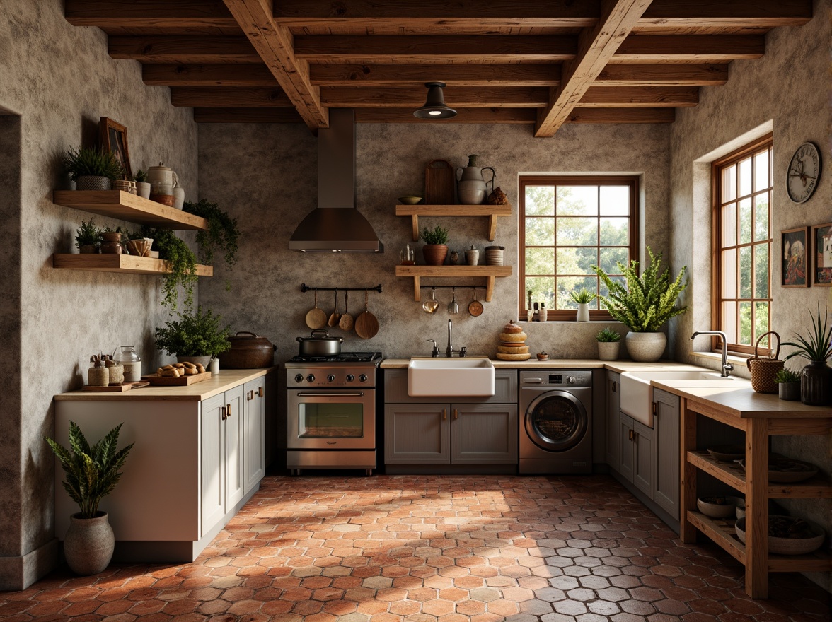 Prompt: Rustic farmhouse, earthy tones, natural stone walls, distressed wood accents, vintage metal decorations, soft warm lighting, farmhouse sink, wooden beams, brick-red floor tiles, matte finish, hexagonal shapes, earth-toned grout, organic textures, subtle pattern variations, 1/1 composition, shallow depth of field, realistic renderings.