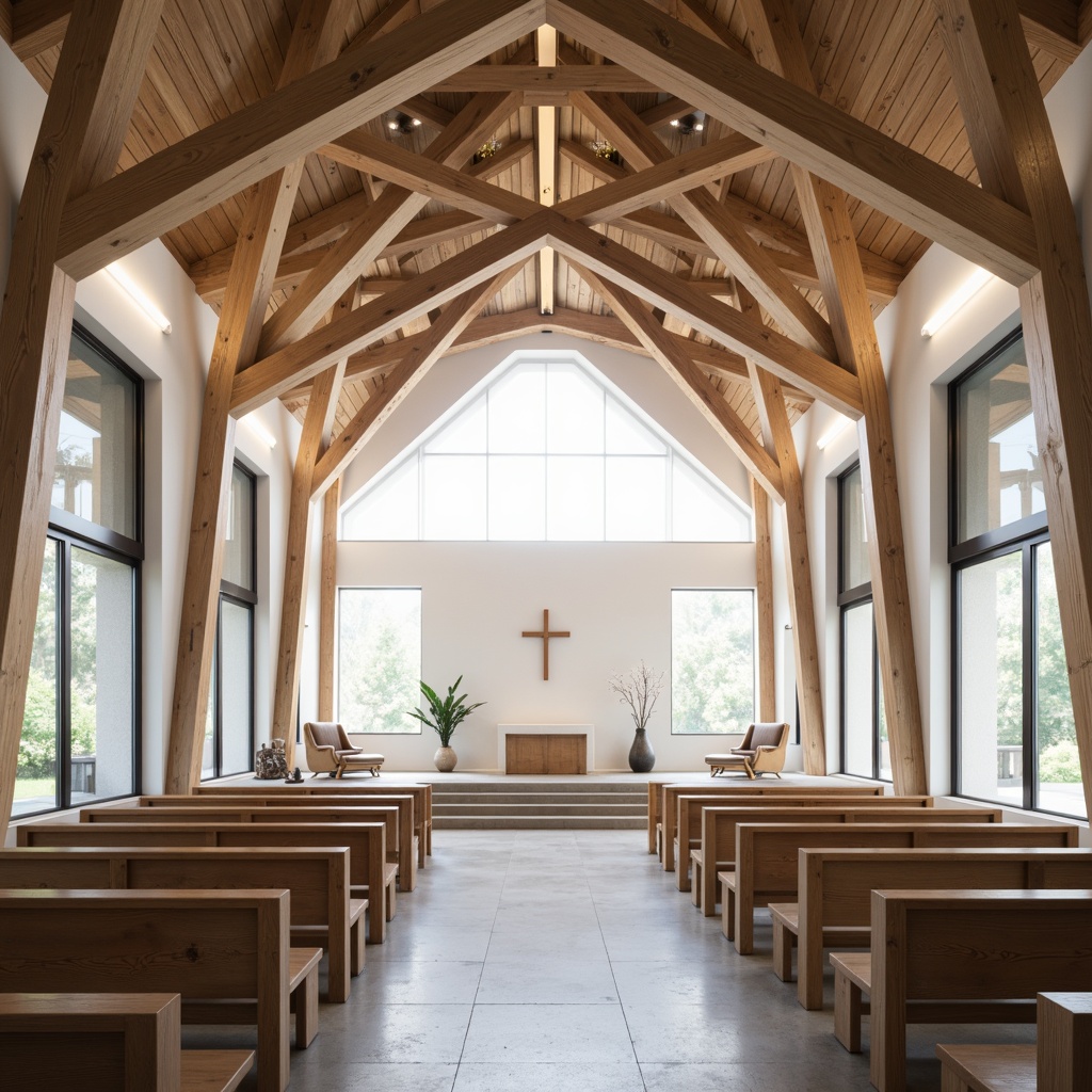 Prompt: Minimalist church interior, open wooden beams, natural light pouring in, simple altar design, white walls, Nordic-inspired furnishings, rustic wooden pews, candlelight ambiance, subtle color palette, calming atmosphere, serene worship space, modern Scandinavian architecture, large windows, glass doors, green roofs, eco-friendly materials, innovative lighting systems, shallow depth of field, 3/4 composition, panoramic view, realistic textures, ambient occlusion.