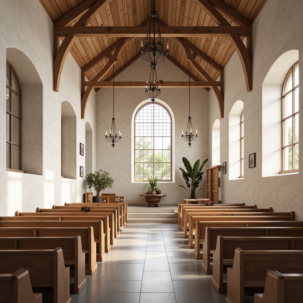 Prompt: Light-filled Scandinavian church interior, minimalist wooden pews, white stone walls, vaulted ceilings, stained glass windows, soft diffused natural light, warm beige tones, rustic wooden accents, traditional Nordic design elements, ornate chandeliers, candlelit ambiance, peaceful atmosphere, shallow depth of field, 1/2 composition, warm color palette, subtle texture details, ambient occlusion.