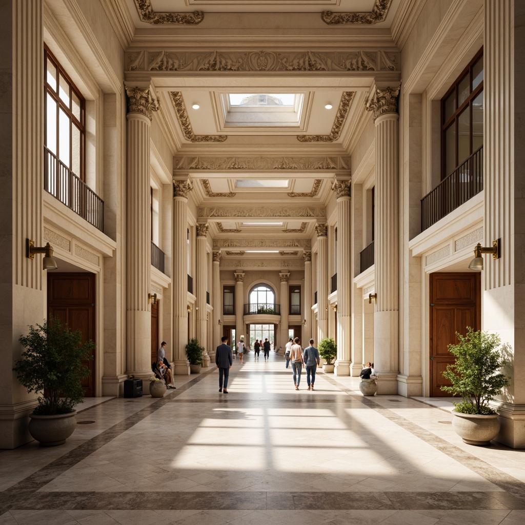 Prompt: Grand distribution centers, neoclassical architecture, ornate columns, decorative cornices, symmetrical facades, grand entrance halls, marble floors, high ceilings, large windows, wooden doors, metal railings, intricate moldings, carved stone details, classical statues, elegant lighting fixtures, warm beige color scheme, soft natural light, shallow depth of field, 1/2 composition, realistic textures, ambient occlusion.