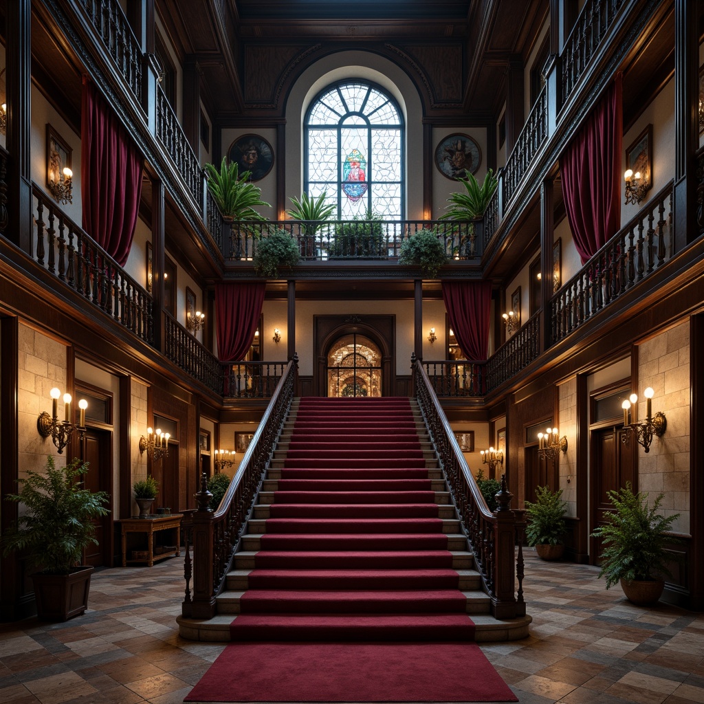 Prompt: Grand Gothic staircase, intricately carved wooden banisters, ornate metal railings, rich velvet drapes, mysterious candelabras, ancient stone walls, lavish red carpeting, dark wood paneling, ornamental ironwork, mystical stained glass windows, dramatic high ceilings, eerie ambient lighting, 1/1 composition, symmetrical view, highly detailed textures, cinematic rendering.