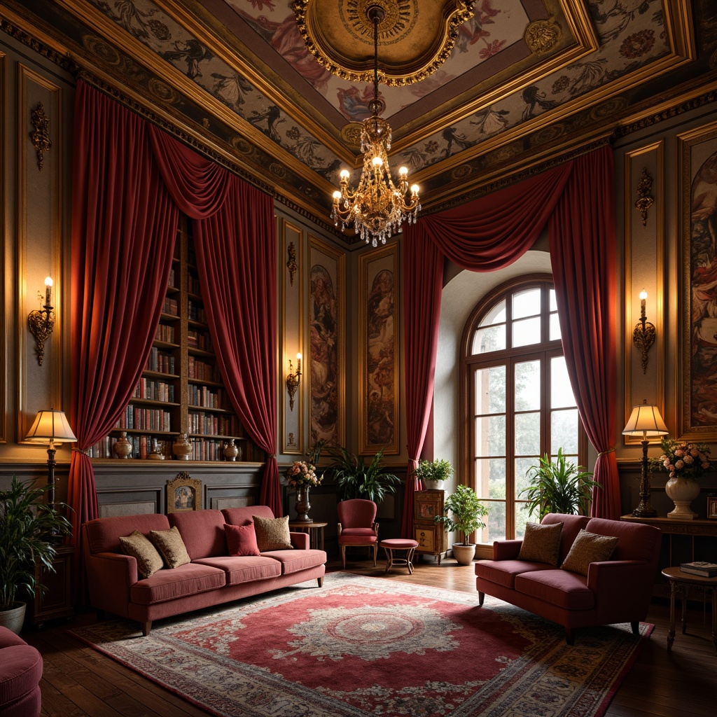 Prompt: Rich velvet fabrics, ornate gold accents, warm candlelight, Tuscan sun-kissed walls, distressed wood furniture, luxurious silk textiles, intricate fresco ceilings, lavish crystal chandeliers, antique furnishings, subtle sfumato effects, soft Caravaggio-inspired lighting, 1/2 composition, atmospheric perspective, realistic marble textures, ambient occlusion.