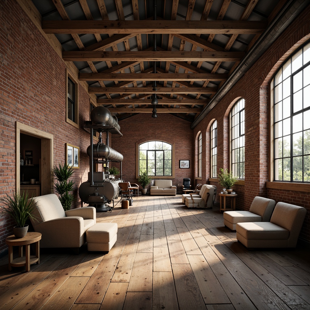 Prompt: Rustic factory setting, exposed wooden beams, industrial metal accents, reclaimed wood flooring, distressed brick walls, vintage machinery, earthy color palette, natural light pouring in, large windows, metal roofs, minimalist decor, functional spaces, cozy nooks, warm ambiance, soft box lighting, shallow depth of field, 2/3 composition, realistic textures, ambient occlusion.