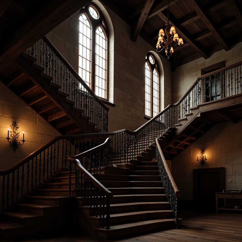 Prompt: Intricate gothic staircase, ornate iron railing, twisted metal spindles, curved wooden banisters, grand chandelier, dimly lit atmosphere, mysterious ambiance, dark wood tones, stone walls, stained glass windows, vaulted ceilings, pointed arches, dramatic shadows, warm candlelight, 1/2 composition, low-key lighting, cinematic mood, rich textures, detailed ornaments.