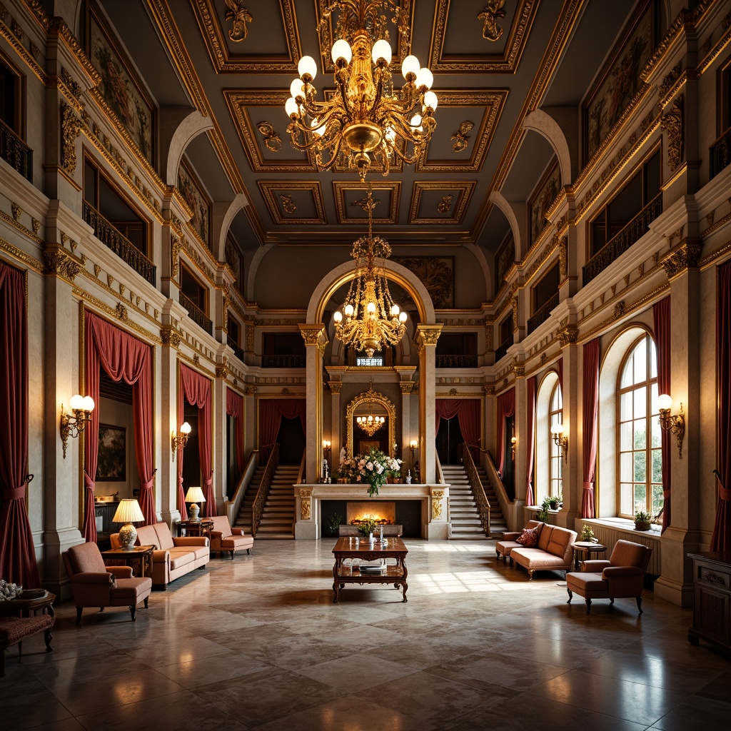 Prompt: Grandiose palace, intricately carved stonework, opulent furnishings, lavish chandeliers, ornate mirror frames, gilded accents, velvet drapes, marble floors, majestic columns, soaring ceilings, dramatic staircases, luxurious textiles, rich jewel tones, warm golden lighting, shallow depth of field, 1/1 composition, symmetrical view, realistic reflections, ambient occlusion.